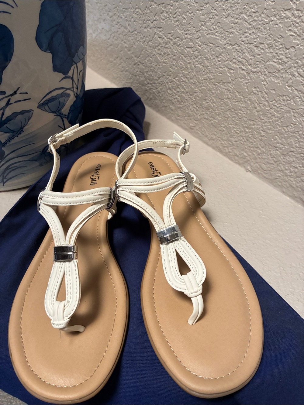 East5th White T-Strap Sandals with Silver Accent